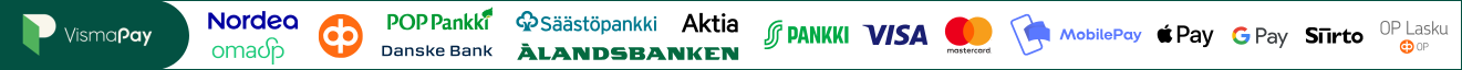 Hyväksytyt maksutavat: Visma Pay, Nordea, Osuuspankki, Danske Bank, POP Pankki, Säästöpankki, Aktia, Ålandsbanken, S-Pankki, Visa, Mastercard, MobilePay, Apple Pay, Google Pay, Siirto ja OP Lasku.