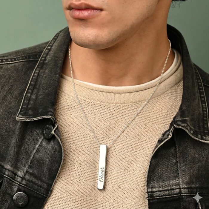 Men's Custom 3D Vertical Bar Necklace - Rugged 304 Stainless Steel - Personalized 4-Sided Engraved Pendant - Waterproof Minimalist Jewelry for Him - Image 2
