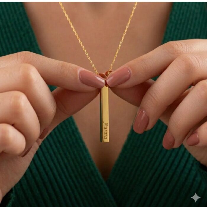 Personalized 3D Vertical Bar Necklace - Custom 4-Sided Engraved Name & Coordinate Pendant - Minimalist Jewelry Gift for  Women - Image 2
