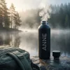 Musta personoitu termospullo höyryävän juoman kanssa kalliolla usvaisen järven rannalla, reppu vieressä